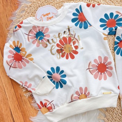 Conj. Blusão Manga Longa Sweet Girl e Calça Legging Floral - Off White